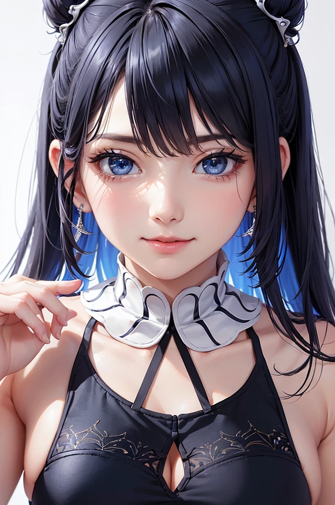 Best Quality,High resolution,8k,(plain white background, no patterns, no textures, just a plain white background:1.3),Masterpiece:1.2),beautiful girl,(focus face),Shiny light blue hair,messy hair,Beautiful light blue eyes,A girl with a cute, charming face, dressed in a bold, stylish outfit that incorporates spider web elements. She wears a sleek, navy blue sleeveless shirt paired with a tight-fitting skirt that accentuates her figure. The skirt and shirt feature intricate spider web patterns or embellishments, adding a unique, eye-catching detail. The material of the skirt shimmers with a spider web-like texture, catching the light in a captivating way. She accessorizes with statement jewelry that complements the spider web theme, such as spider-shaped earrings or a web-patterned necklace. Her hairstyle is trendy, enhancing her fashionable and adorable appearance. The background is pure white, which highlights the spider web design and her chic yet cute outfit,Gentle look,A refreshing look,smile,Best quality,Best Quality,Aesthetic and aesthetic:1.2,Best details((Super detailed))(High-definition CG illustrations),Slender body,smile,blush,cute,Scrounge,Looking up,Being spoiled,super model
