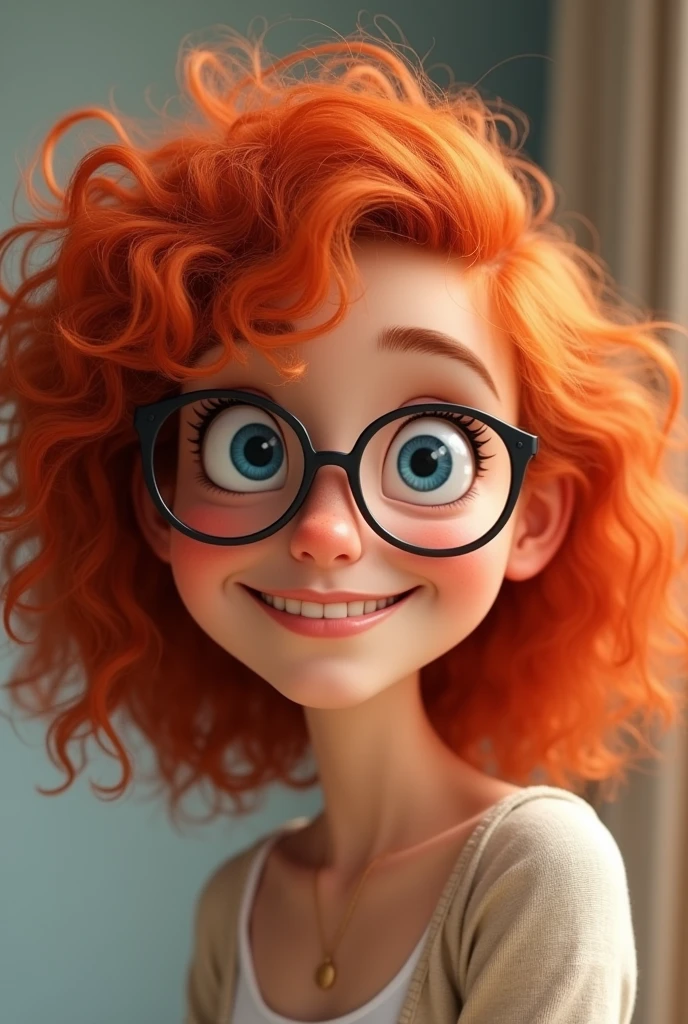 Red curly hair, woman, round bottom glasses, animated, smile, blue eyes, small neck, round face, High Resolution, 