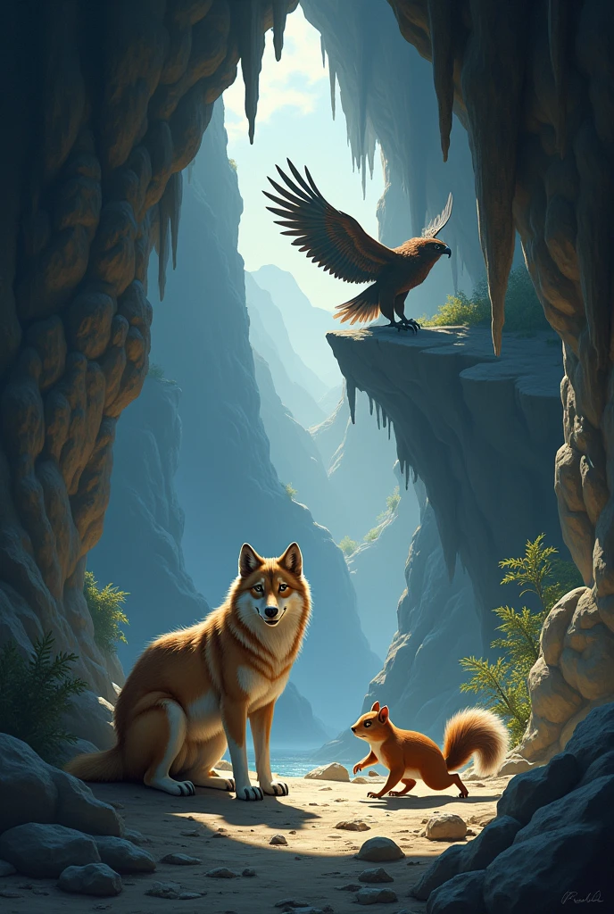 Make an illustration of just one wolf just one squirrel and just one eagle in a cave