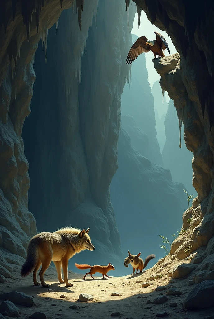 Make an illustration of just one wolf just one squirrel and just one eagle in a cave