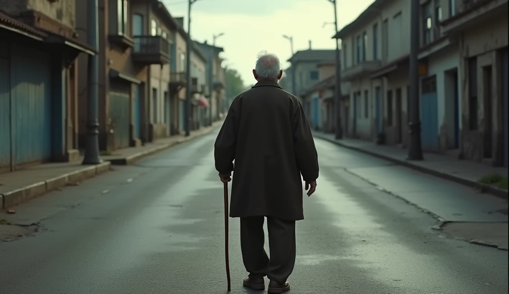 In the style of real movies,Old man with a cane,Standing at the intersection of two roads,With your back to the camera,I don't know which way to go