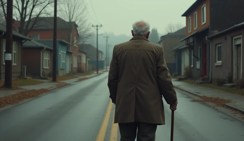 In the style of real movies，Old man with a cane，Standing at the intersection of two roads，With your back to the camera，I don&#39;t know which way to go