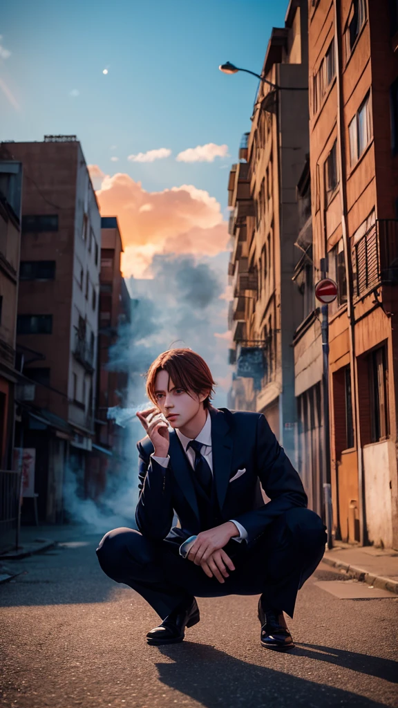 Anime Images、Young Man、1 person、evening、Red Sky、Facing diagonally forward、squat、Smoke a cigarette、Wearing a suit、alone, masterpiece, Highest quality, Anatomically correct, solo, blue eyes, Feet out of frame, Lens flare, 