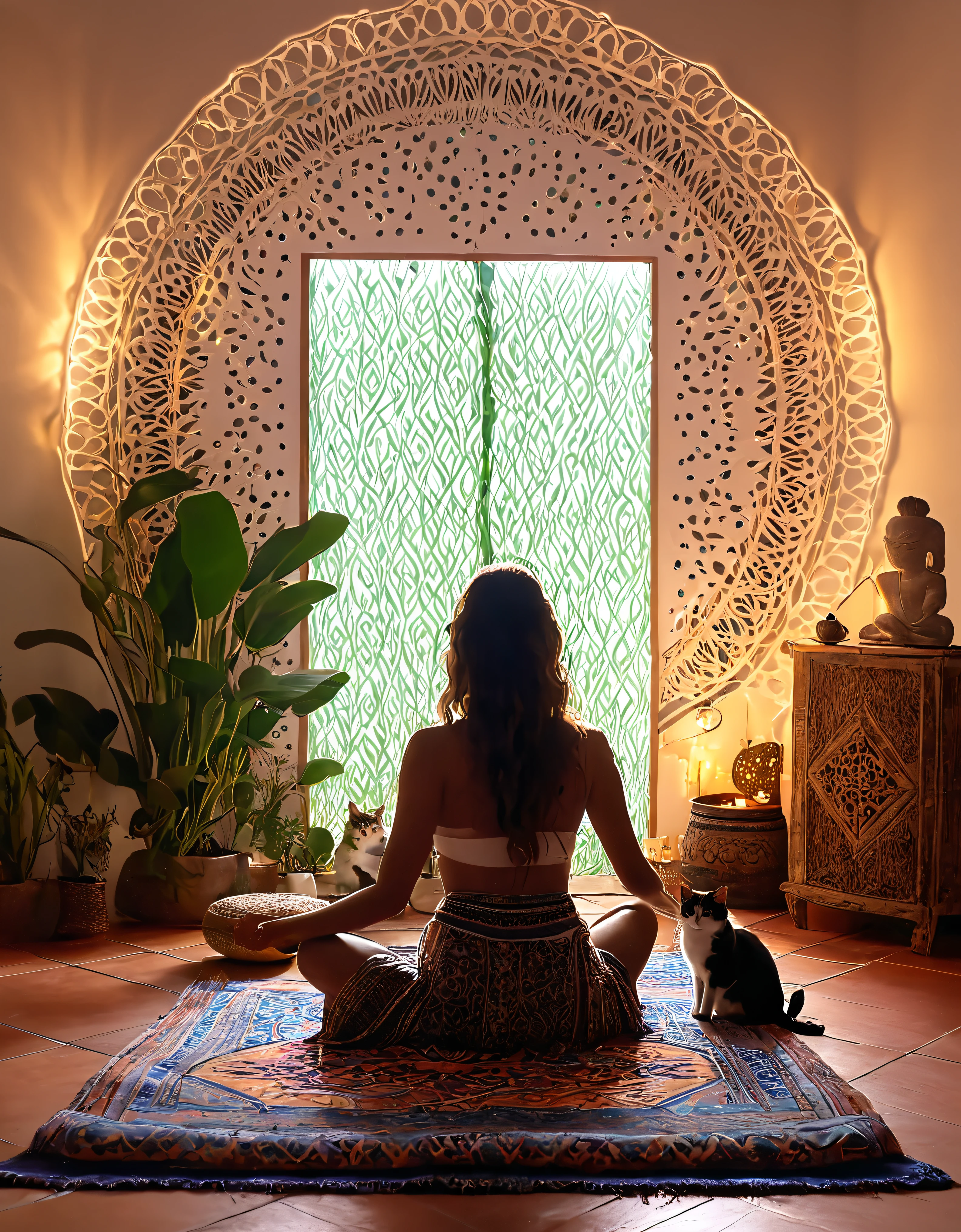 Western person meditating surrounded by cats. The setting is the interior of a beautiful room with boho style decor.. cinematic lighting. Person meditating. meditation. ultra HD person meditating.