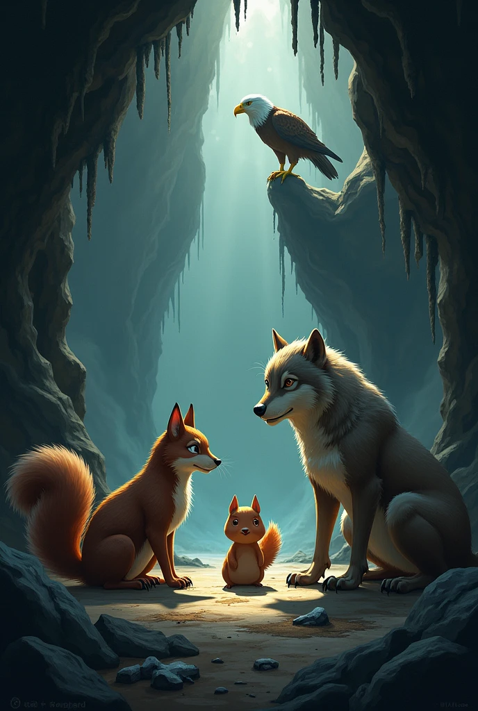 Make an illustration of a squirrel a wolf and an eagle in a cave 