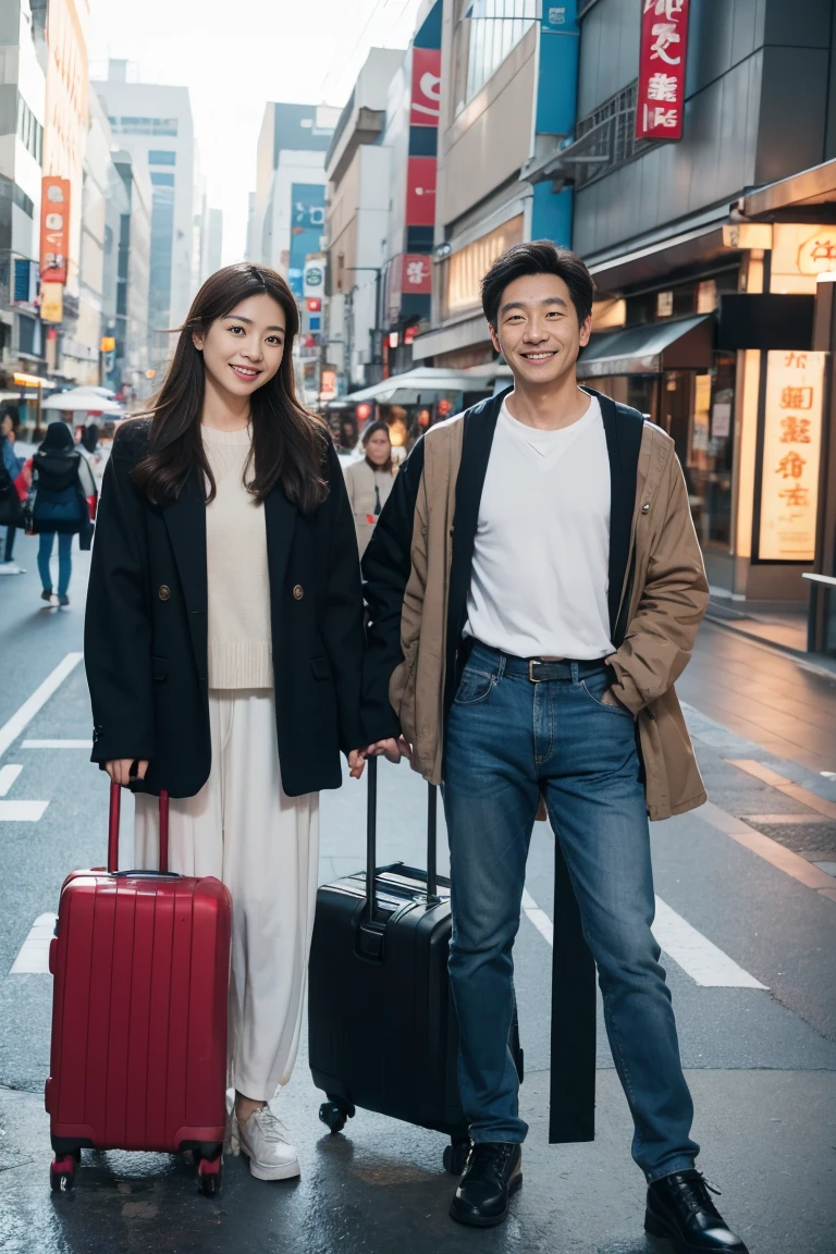Realistic picture, Taken with a Sony camera , Quality 4k, a couple of young people standing next to each other with luggage, travelers, Travel clothes, Advertisement image, promotional pictures, tourist attraction, Men and women walk together., traveler, Easy to go, tourist, holiday photos, tourist walking the streets, Travel and Adventure, Itinerant Actor, Wearing dirty travel clothes, We go, Promotional image, promotional picturess, luggage, Smiling face, About 40 years old, looks good., Fits in with winter, Asian Japanese face