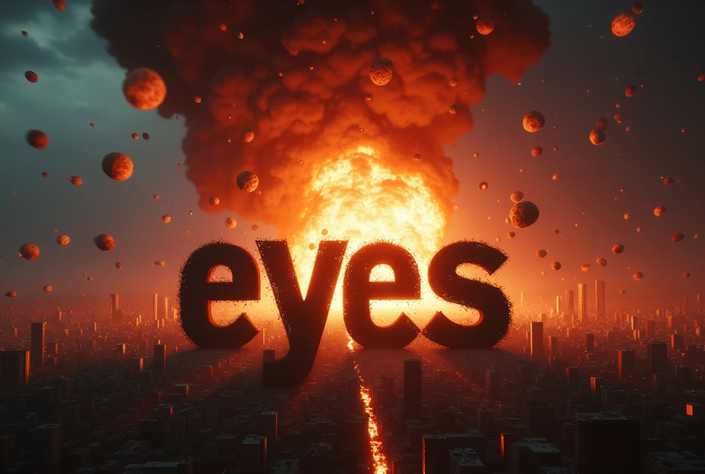 Les mots "Eyes" écrit en gros caractères en bas de l'écran, ((chef-d&#39;œuvre, la plus haute qualité, Qualité d&#39;image la plus élevée, haute résolution, Photoréaliste, photo brute, 8k)), ((fond d&#39;écran 8k unifié CG extrêmement détaillé)), Affiche de film catastrophe, des météorites pleuvant sur une ville de nuit, Une énorme explosion, un immense incendie, de la fumée noire éclairée par les flammes, une catastrophe dévastatrice,