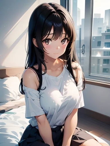 In the bedroom in the morning, A long black haired anime girl was sitting on the bed, Straight black hair that flows down to the shoulders, She is depicted from the front, She is looking at you with a smile, She leans forward slightly to emphasize her breasts., Her cute自然なアニメの顔は、The perfect mix of cuteness and realism., He has brown eyes that shine with a mysterious brilliance., Her cute, Realistic portraits brought to life in 3D anime style, Highly detailed background and perfect shadows highlight her attractive features., The subtle play of light and HDR creates a fascinating depth., She looks so photorealistic,  anime, The chest is large, Wearing a bra top