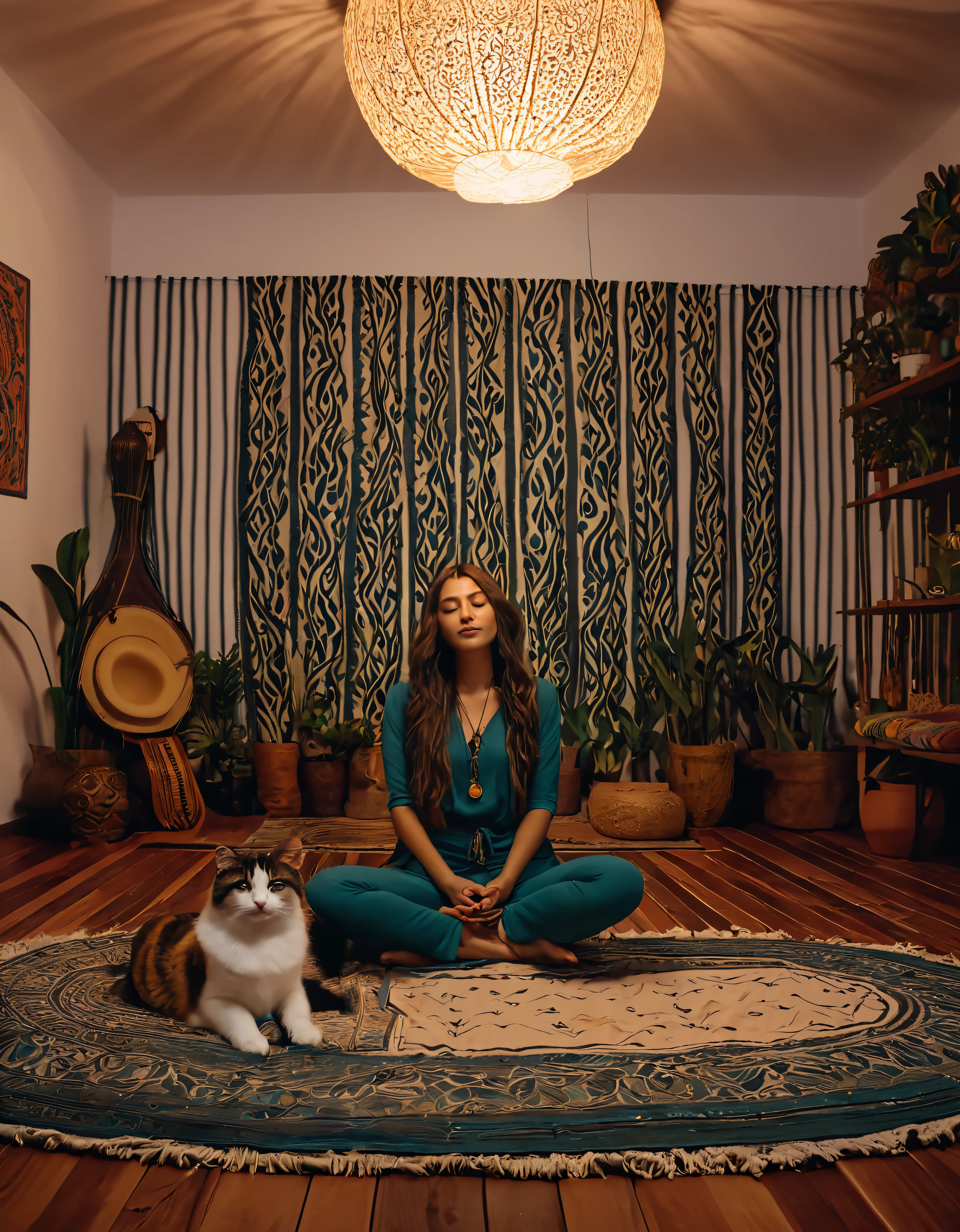 Pessoa ocidental meditando cercada de gatos. The setting is the interior of a beautiful room with boho style decor.. cinematic lighting. Pessoa meditando. meditation. ultra HD pessoa meditando.