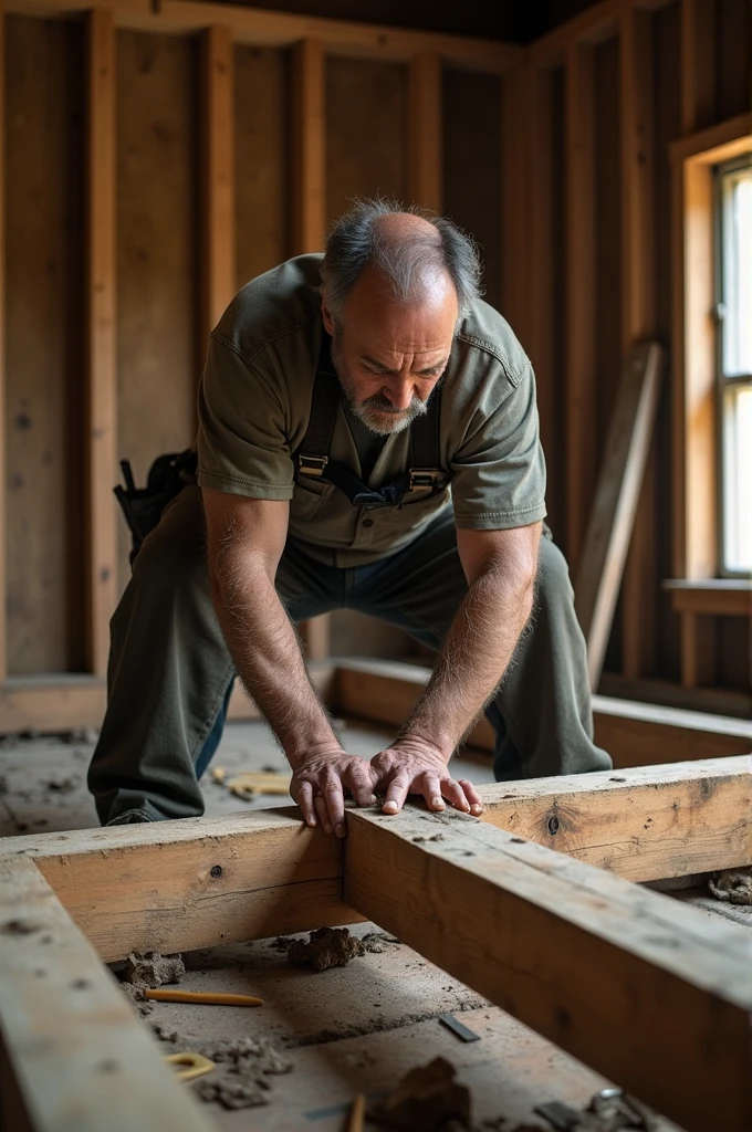 Generates an image of a person removing joists from a tongue and groove wood floor frame