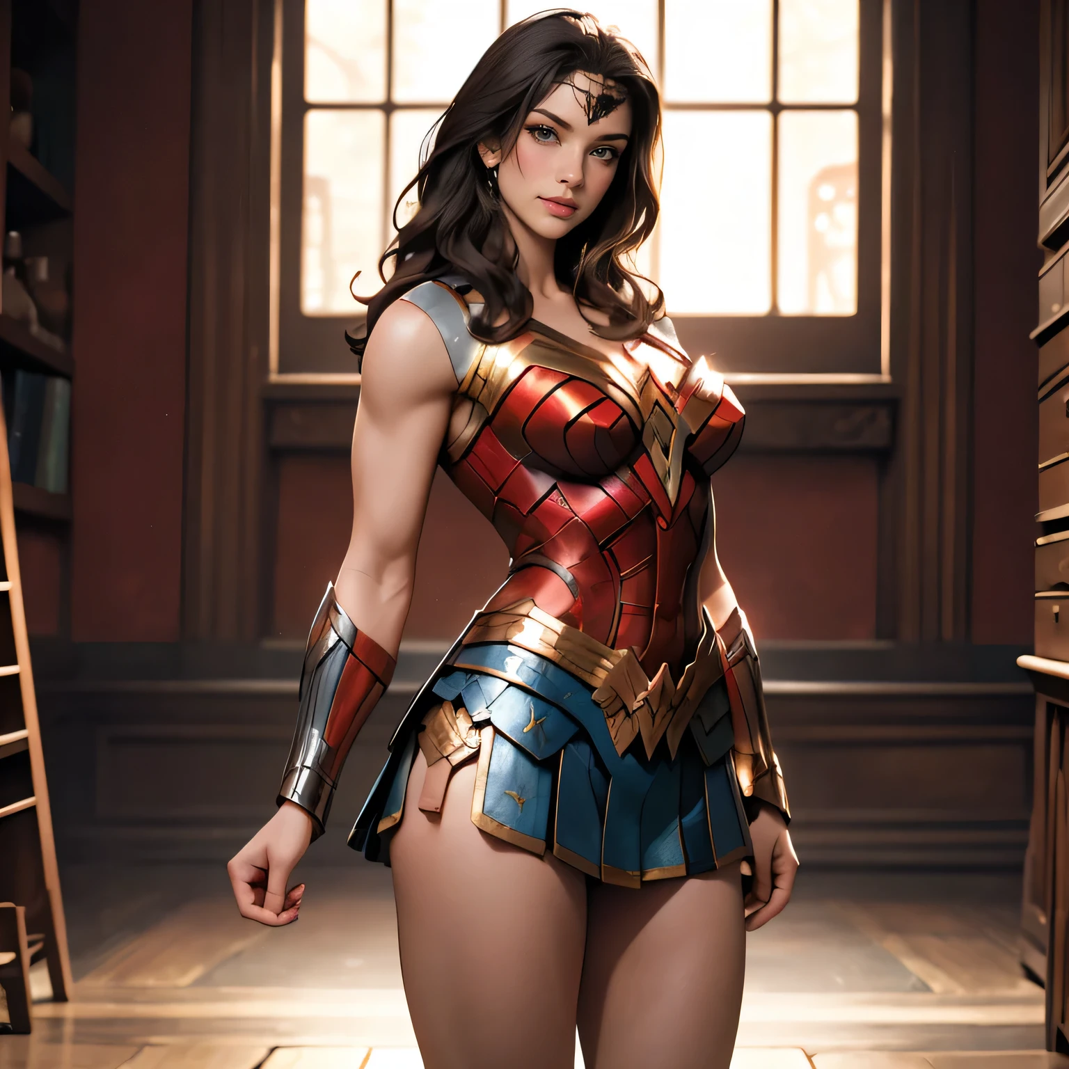 1 woman, Pretty Caucasian (female), Sarah Shahi, a slim but muscular body, huge breasts, short dark brown messy hair, blue eyes, ultra high resolution, masterpiece, highest quality, perfect detailed hands and fingers, two hands, perfect detailed eyes, perfect lighting, detailed lighting, dramatic shadow, ray tracing, 250 years old, beautiful Female Gladiator, perfect anatomy, Voluptuous, exposed large cleavage, symmetrical eyes, chubby lips, big , big fleshy ass, big beautiful thighs, abs, muscle, well exposed thighs, smiling, looking at viewer, (stunningly, incredibly, beautiful, gorgeous face, wonder woman costume, short ultra miniskirt, bright eyes), sharp focus, Hyper-Realistic, high quality, masterpiece, ultra-detailed,(looking at the camera),8k resolution ,((micro-skirt)),((no panties)),((wee pussy)), front view, (Looking at the Viewer) very very short skirt, micro mini skirt exposing full thighs, well exposed large cleavage,