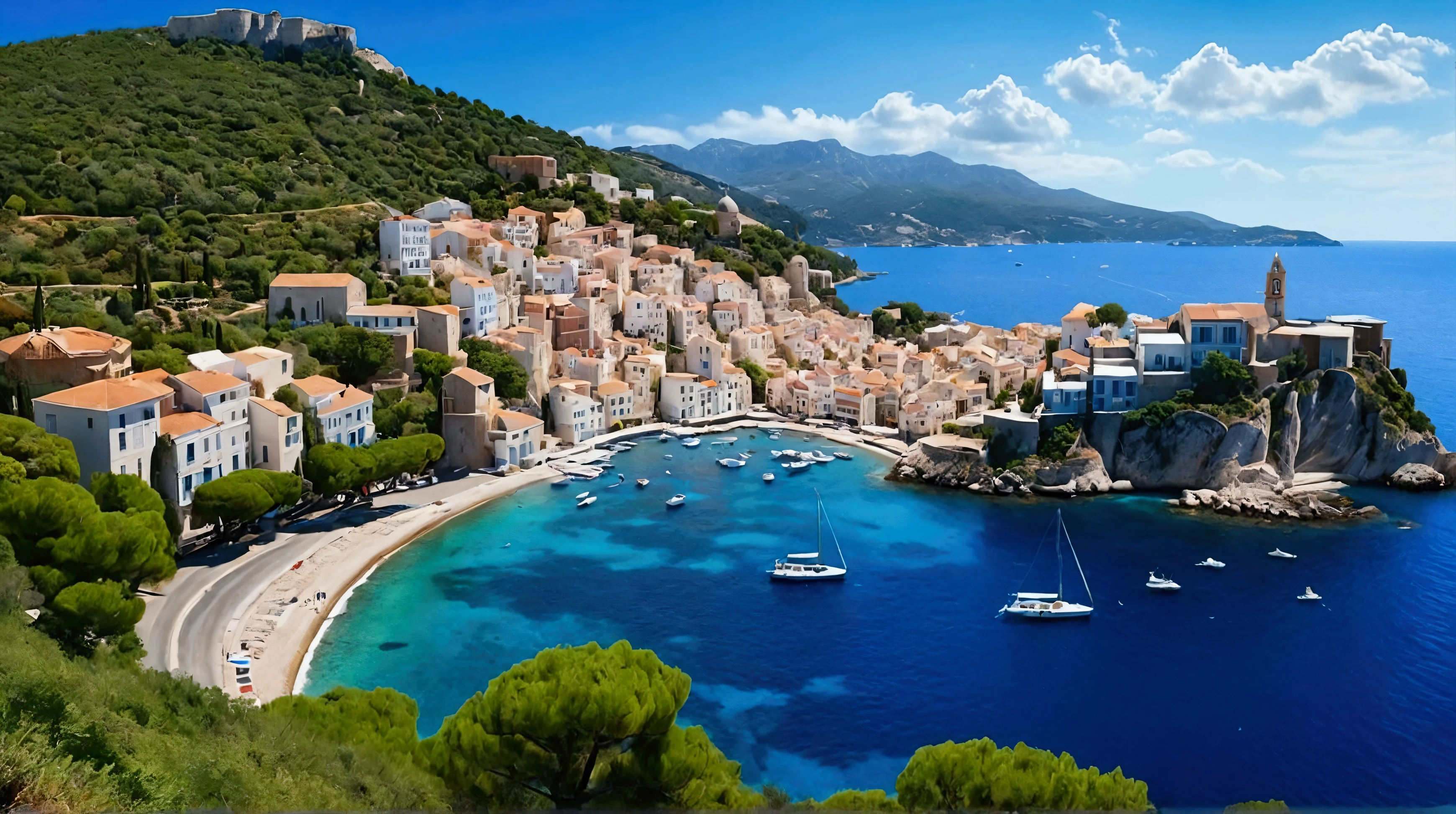 Create an ultra-high-definition, photorealistic image of a stunning Mediterranean bay. In the distance, the endless blue sea meets the sky with scattered white clouds, with gentle waves rolling across the water. On the left side of the image, a mountain range rises with lush green forests and snow-capped peaks. To the right, a charming hillside town with white houses featuring red roofs and blue-domed cathedrals overlooks the bay. A winding road snakes from the seaside up to the town. The town's marina is dotted with various sailboats, and on the bay, numerous boats of different sizes can be seen. In the middle of the bay, a solitary island stands with a red-roofed house and a tall, fluttering flag.