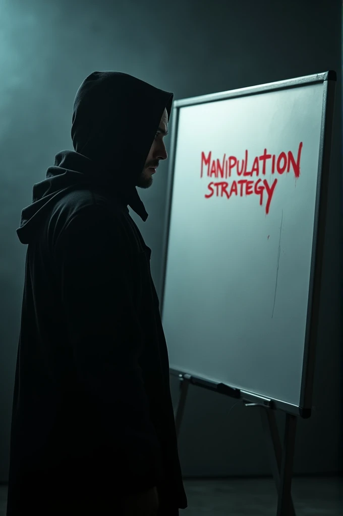 A man in a black hood in a dark room, staring at a whiteboard where a manipulation strategy is written in red. The soft light illuminates your face in profile, revealing a cold and calculating expression. The background is full of shadows, suggesting mystery and hidden intentions.