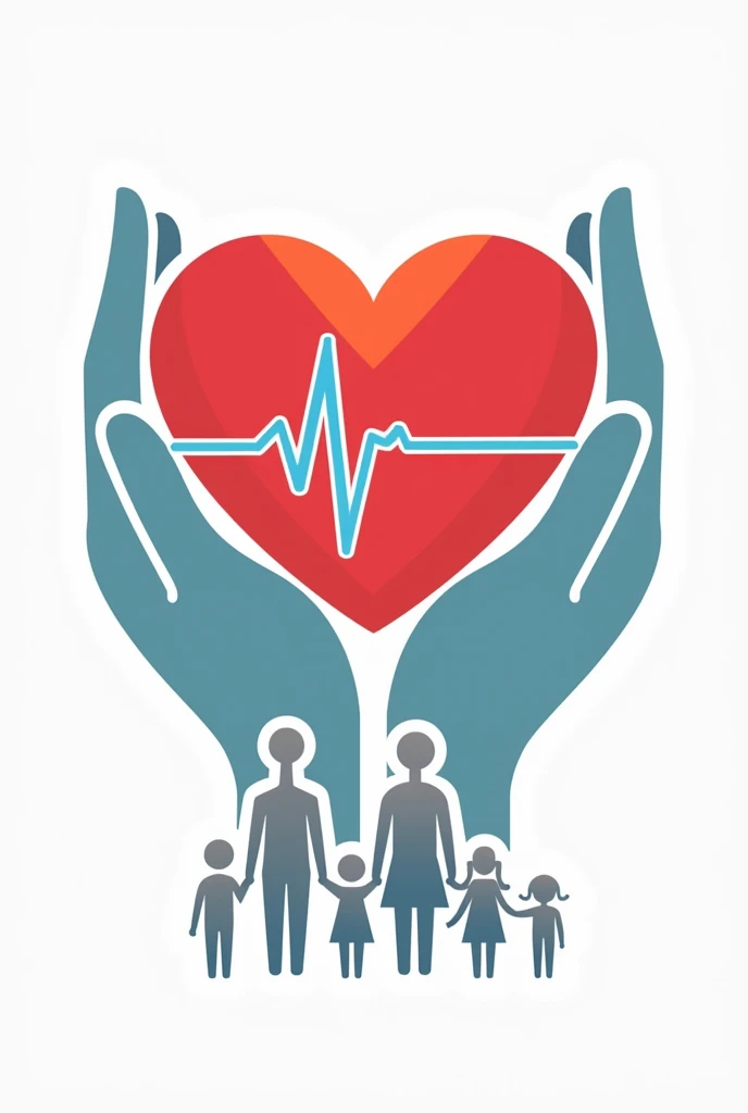 Medical care logo with hands holding a red heart with a blue lifeline in the center and below the hands a complete family with grandparents