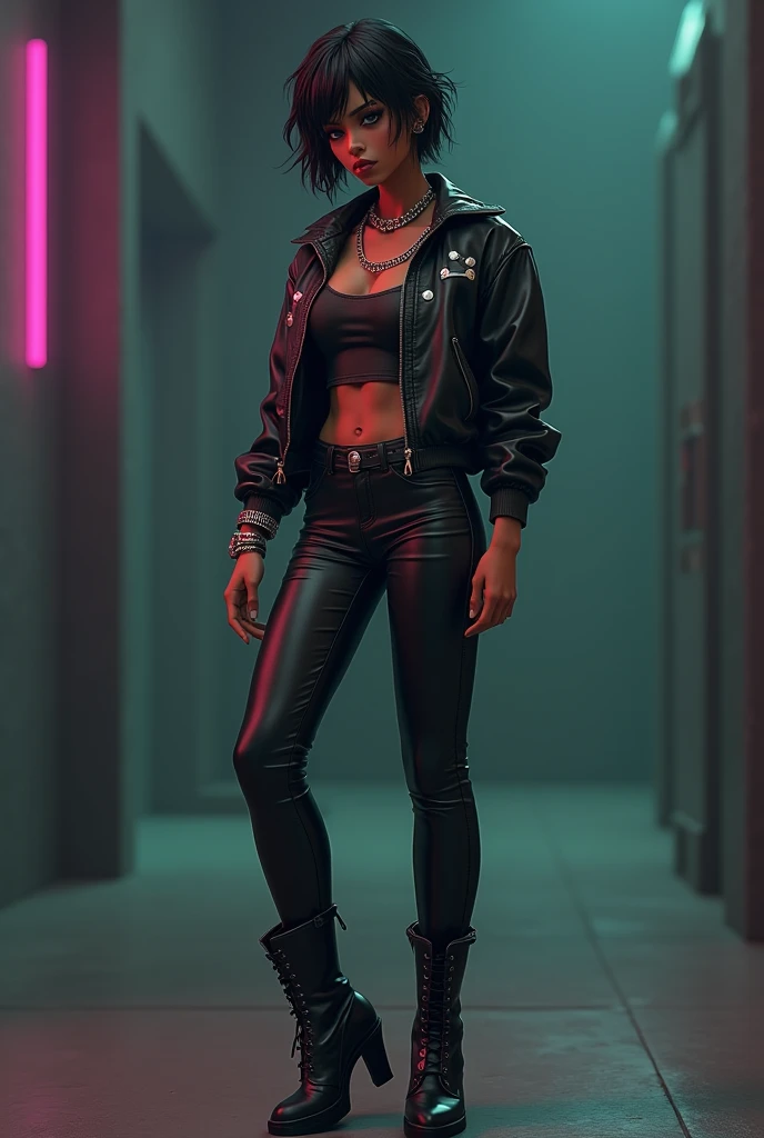 Create a full body anime style young female 3D character, representing the futuristic of the 90s, with dark purple tone, verde y azul oscuro que reflejen una figura enigmática y reserved; look as if challenging, serious and the eyes are angular; a posture that reflects a confident and somewhat challenging attitude. He has brown skin. dark makeup (earth tones), too much eyeliner, I would use leatherette, large silver chains and studs, black heeled boots, very tight blouses as well as their pants. Short layered and messy hair. His intelligence is sharpened, making her a master strategist, His critical attitude distances him from others. He is an intelligent character, strong, cool, powerful, but at the same time cold, reserved, naughty and very sarcastic. Let it be seen that his appearance is digitally sculpted.