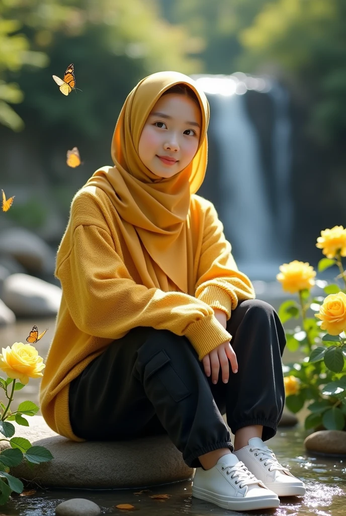 beautiful Korean girl, smooth white skin, well-groomed face, gold yellow hijab, butterfly morif, gold yellow knitted hoodie, white shoes, black cargo pants, sitting on the edge of a small rocky river, among blooming yellow roses, butterflies flying, behind there is a waterfall and trees, smiling at the camera, full body, super detailed, original photo, realistic