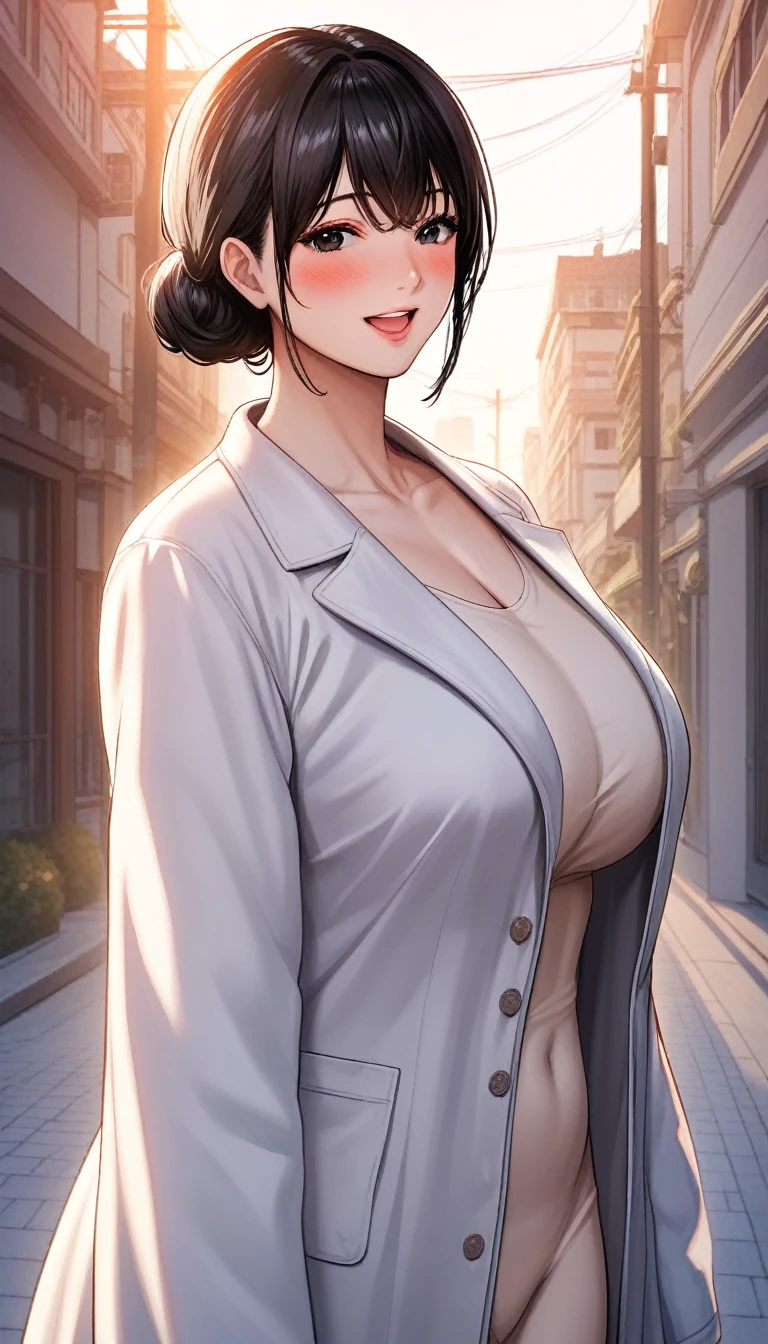 score_9, score_8_up, score_7_up, score_6_up, score_5_up, score_4_up, source_anine, nari, black eyes, black hair, slightly disheveled low bun, long side bangs, masterpiece, best quality, ultra-detailed, higres, close shot, 1girl, solo, mature female, beautiful and perfect face, pretty face, mature adult woman, mature milf face, detailed eyes, detailed eyelashes, full-face blush, smile open mouth, looking at viewer, (wearing oversized_coat:1.3), woman posing for a photo, white coat, sweather under the coat, 4k, high-res, masterpiece, best quality, ((Hasselblad photography)), finely detailed skin, sharp focus, (cinematic lighting), night, soft lighting, dynamic angle, [:(detailed face:1.2):0.2],(((city background))), large breasts, wide hips, curvy, standing, street, outdoors, city