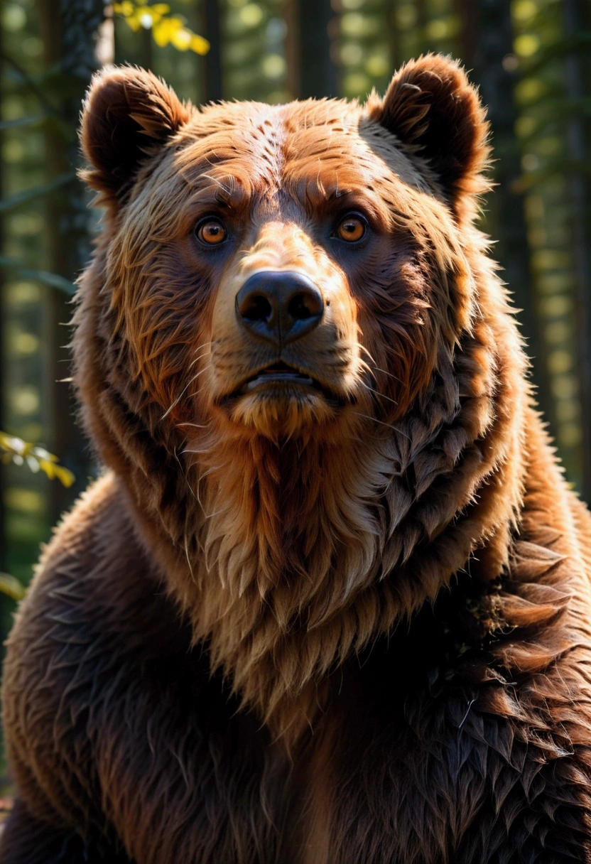 Brown Bear, a brown bear, detailed fur texture, standing in a forest, sunlight filtering through the trees, beautiful detailed eyes, detailed face, highly detailed, 8k, cinematic lighting, dramatic shadows, vibrant colors, award winning photography, masterpiece, best quality, very aesthetic, absurdres