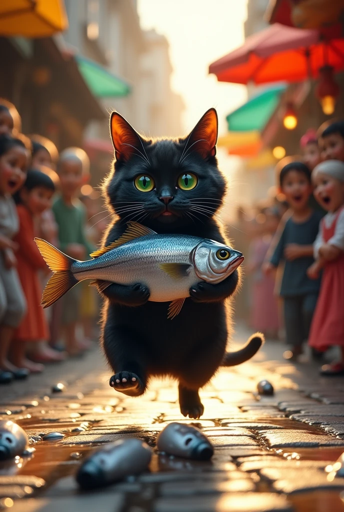 A plump, mischievous-looking cat with sleek black fur and piercing green eyes, balancing on its hind legs atop a wooden fishmonger's stand. Clutched in its paws is a gleaming silver fish, its scales reflecting the vibrant colors of the surrounding market. The cat's expression is a mix of triumph and surprise as it's caught in the act of pilfering by an angry crowd of diverse townsfolk. A burly fishmonger, face red with indignation, wields a large wooden spatula in pursuit, while a group of bystanders, ranging from young children with gaping mouths to elderly women with their market baskets, are in hot pursuit. The scene is a whirlwind of motion, with the cat's tail flicking and a trail of spilled fish leading back to the source of the commotion. The vibrant market stalls form a chaotic backdrop, displaying an array of fresh produce and seafood, now momentarily forgotten in the excitement. The cobblestone street is slick with water, adding to the sense of urgency as the cat hops down and sprints away, leaving a splash behind. The people's clothes are a blend of traditional and modern styles, creating a festive atmosphere juxtaposed with the unexpected chase. The scene is bathed in the warm glow of afternoon sunlight, casting long shadows and highlighting the cat's agile form as it weaves through the crowd. The image captures the shared human experience of surprise and amusement in the face of an audacious animal's antics, turning an ordinary market day into a whimsical adventure.