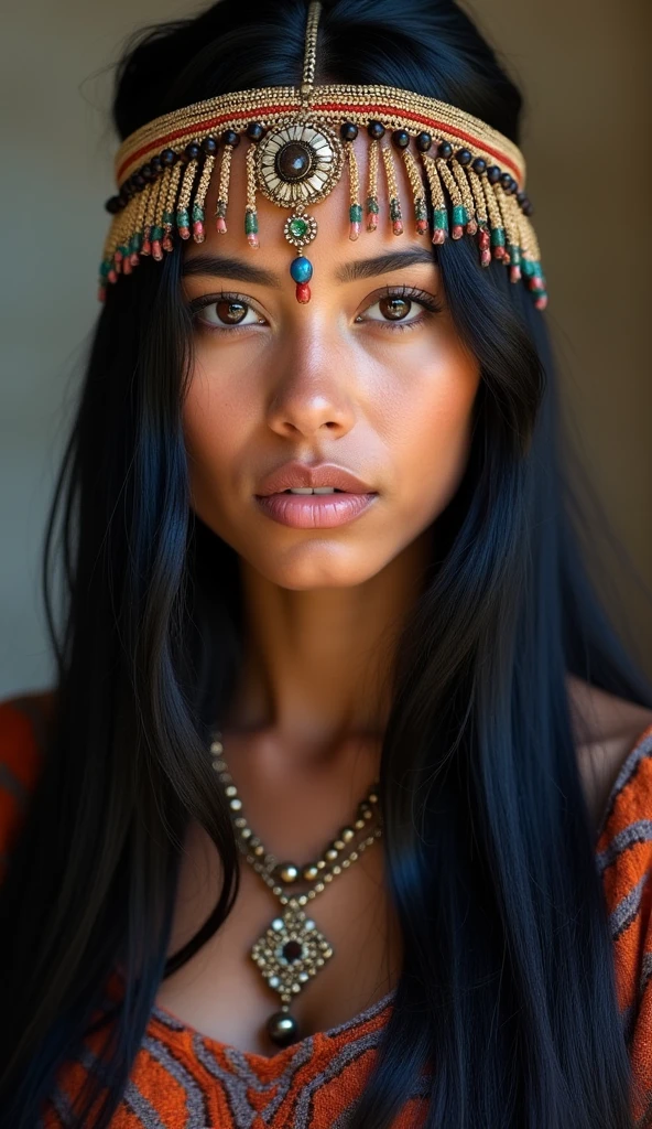 beautiful peruvian indian, wearing a headdress, blackquality hair, eyes browns, she's looking at the camera, your look is charming, Your face is serious, photo by full body