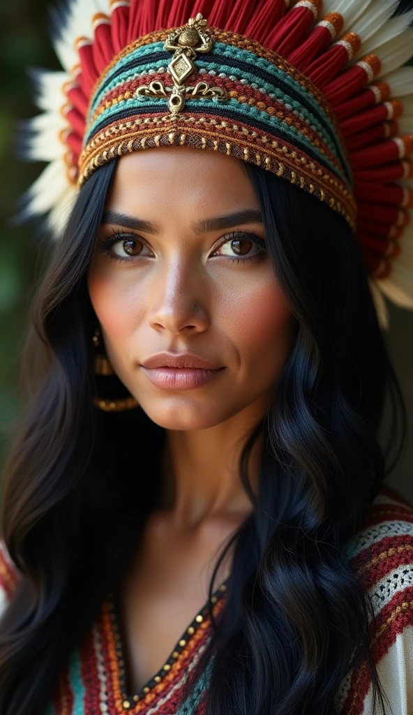 beautiful peruvian indian, wearing a headdress, blackquality hair, eyes browns, she's looking at the camera, your look is charming, Your face is serious, photo by full body