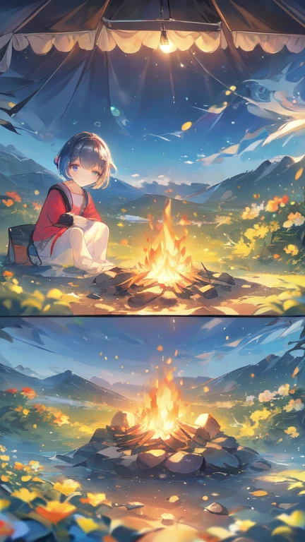 8k,Extremely detailed, masterpiece,High resolution,Highest quality,Increase the resolution,Cinema Lighting,Different space，Ultra Wide Angle，Wide angle of view，One girl，Short Bob，smile，Solo Camping，Pop-up tent，Simple fire pit，Small bonfire，Canned food，Milky Way，Above Jupiter，Different world，Colorful Earth