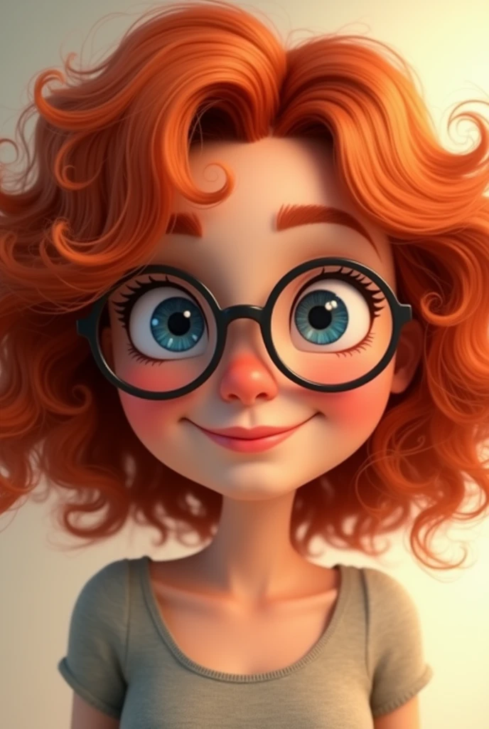 Red curly hair, woman, round bottom glasses, animated, smile, blue eyes, small neck, round face, High Resolution, 