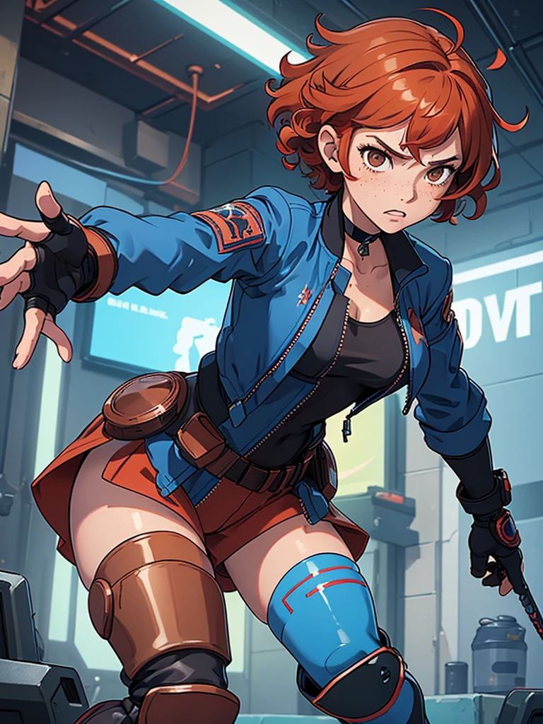 (masterpiece), (best quality), (1girl), (adult), (copper red hair), (curly hair), (short hair),  body figure, small breasts, (brown eyes), freckles, (blue cyberpunk outfit), (blue jacket),( battle outfit),(badass outfit),boots, black choker, legs, (knee guards) 