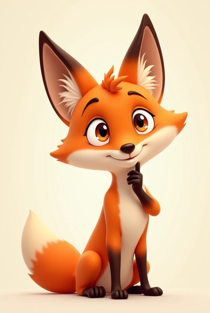 Male young fox as cartoon character with brown eyes thinking, without background