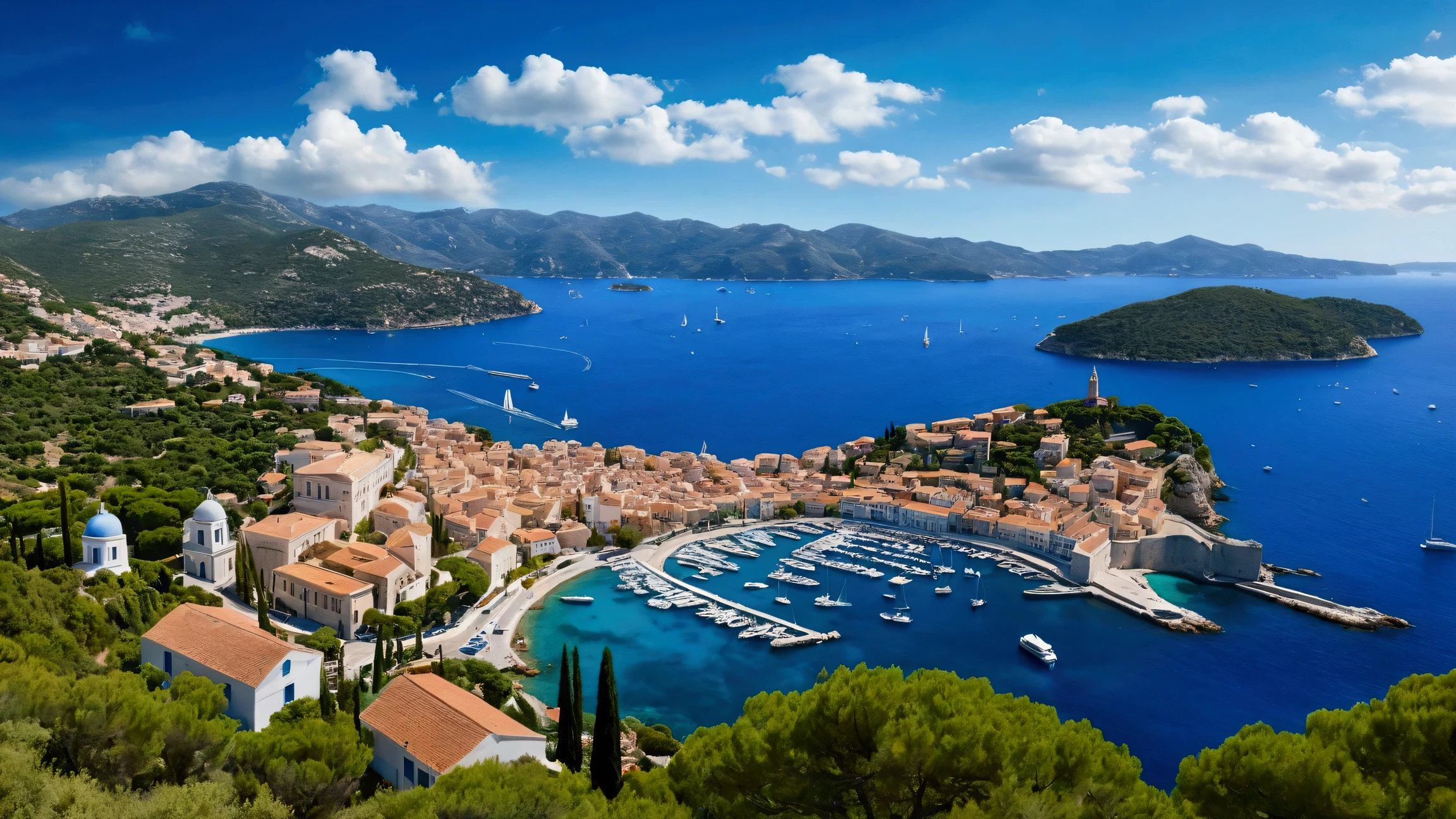 Create an ultra-high-definition, photorealistic image of a stunning Mediterranean bay. In the distance, the endless blue sea meets the sky with scattered white clouds, with gentle waves rolling across the water. On the left side of the image, a mountain range rises with lush green forests and snow-capped peaks. To the right, a charming hillside town with white houses featuring red roofs and blue-domed cathedrals overlooks the bay. A winding road snakes from the seaside up to the town. The town's marina is dotted with various sailboats, and on the bay, numerous boats of different sizes can be seen. In the middle of the bay, a solitary island stands with a red-roofed house and a tall, fluttering flag.