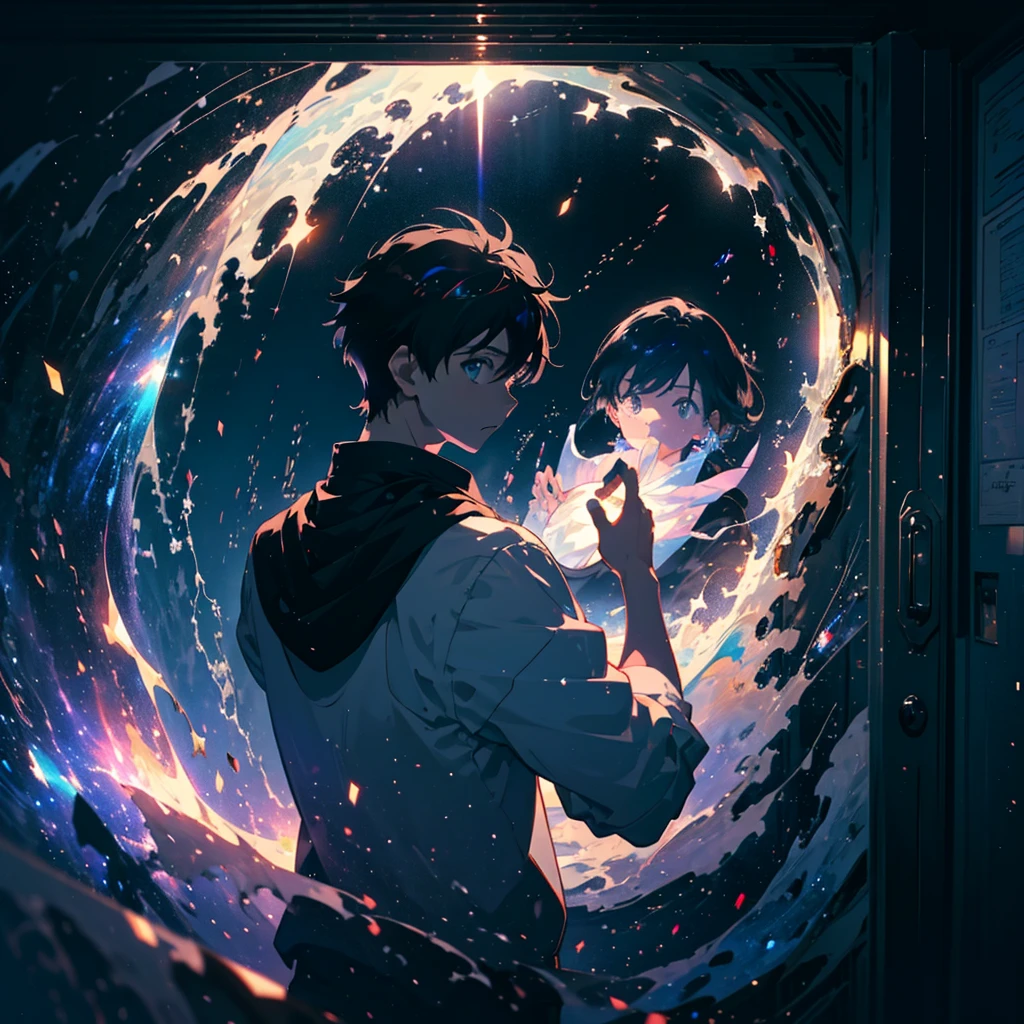 Create exquisite illustrations reminiscent of Makoto Shinkai's style, It has ultra-fine details and top-notch quality. Create a high-quality illustration featuring a handsome aldult men opening a door in a fantastical space, revealing a cosmic universe beyond. The scene should depict a sense of wonder and enchantment, with intricate details throughout. Pay close attention to the ethereal quality of the space surrounding the door, with hints of swirling galaxies, distant stars, and celestial phenomena visible beyond the threshold. Ensure that the boy's expression conveys a mix of curiosity, awe, and perhaps a touch of trepidation as he ventures into the unknown. The illustration should evoke a feeling of magical discovery and the infinite possibilities of the cosmos. best quality, masterpiece