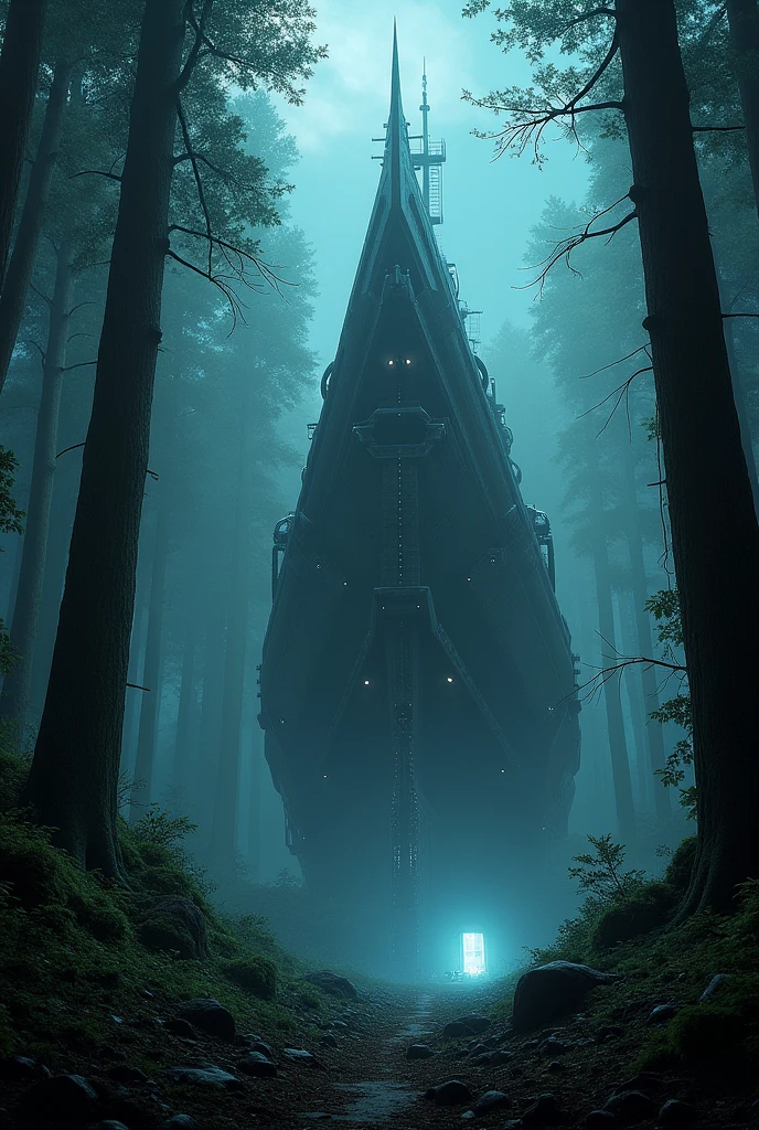 A big ship stands in forest at night