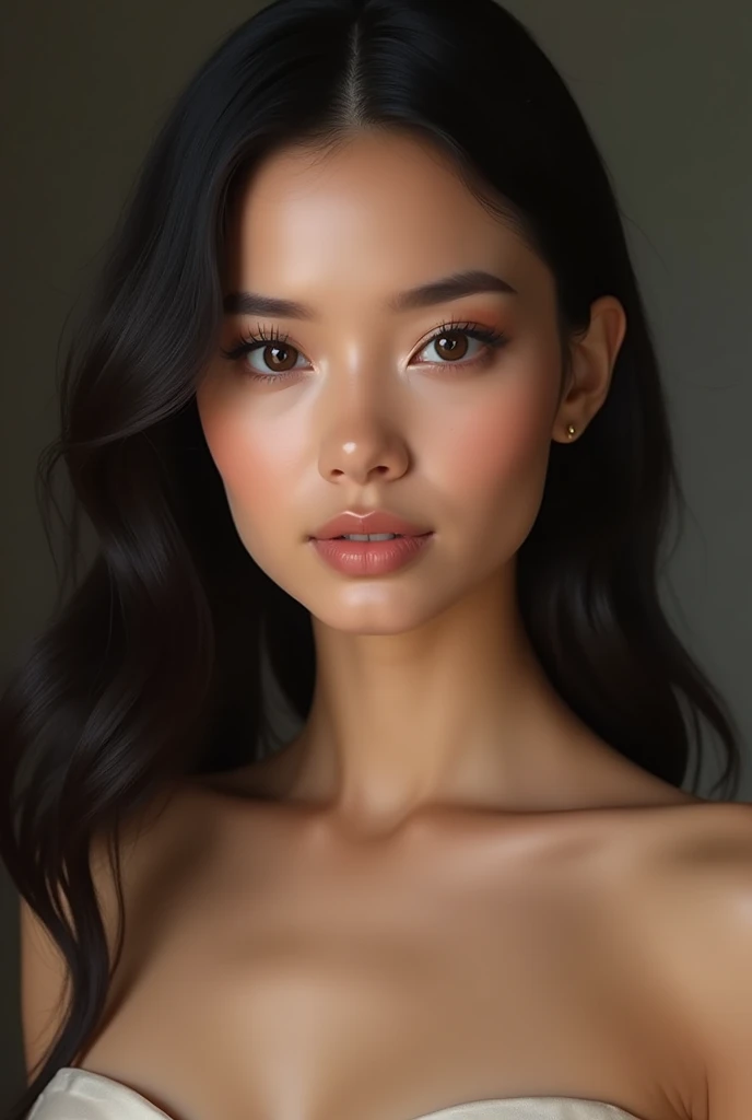 face: She has an oval face with delicate but well-defined features.. Her cheekbones are high and highlighted by a subtle hint of blush., giving it an air of sophistication. Her skin is smooth and has a warm tone., which enhances its natural beauty.
	• Eyes: His eyes are large and expressive, of a deep brown color that looks almost black. They are perfectly outlined, which highlights their almond shape and gives them an intense and captivating appearance.. Her eyelashes are long and curved., further accentuating the depth of his gaze.
	• Eyebrows: Her eyebrows are thick and perfectly arched., Framing your face with natural elegance.
	• Lips: Her lips are full and well defined., with a natural shine that gives them a juicy look. The tone of her lips is a soft nude color, highlighting your femininity without being too flashy.
	• Hair: Her hair is long, thick and jet black, falling in soft waves to the middle of her back. It has a natural shine and looks healthy and well-groomed..
	• Fur: Your skin is flawless, with an even tone and a slight healthy glow. A small, subtle mole adorns her cheek., just below his right eye, adding a distinctive touch to your face.

Clothing and Style:

	• Style: Her style is elegant and minimalist.. She prefers clothes that highlight her figure without being too revealing.. In the image, It is noticeable that she is wearing a light and sophisticated garment, possibly a strapless dress or a silk blouse that leaves your shoulders bare.
	• Accessories: She wears a delicate necklace with a small pendant, which complements her look without distracting from her natural beauty.. Her ears seem free of earrings, maintaining an air of simplicity.

