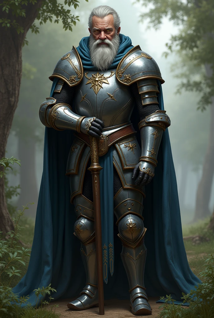Elder knight in paladin armor, cape and hood, silver hair, yellow eyes, beard and dark skin, that rests on a stick