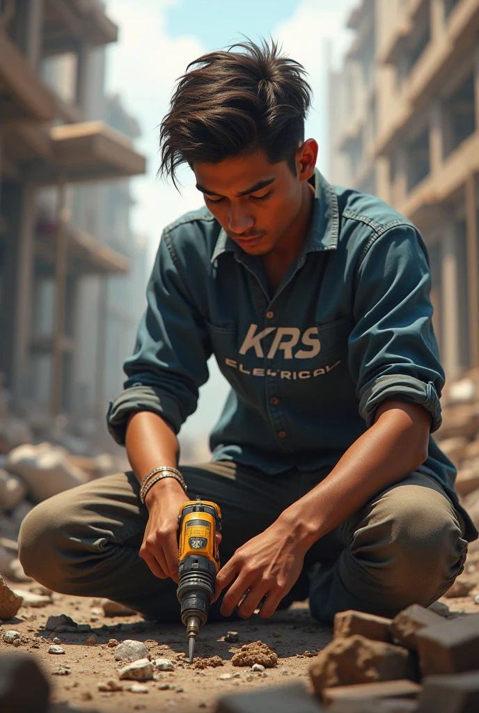 A young man working on construction site as an a electrician with power tools like drill with wearing with slogan as “KRS Electrical” on his shirt