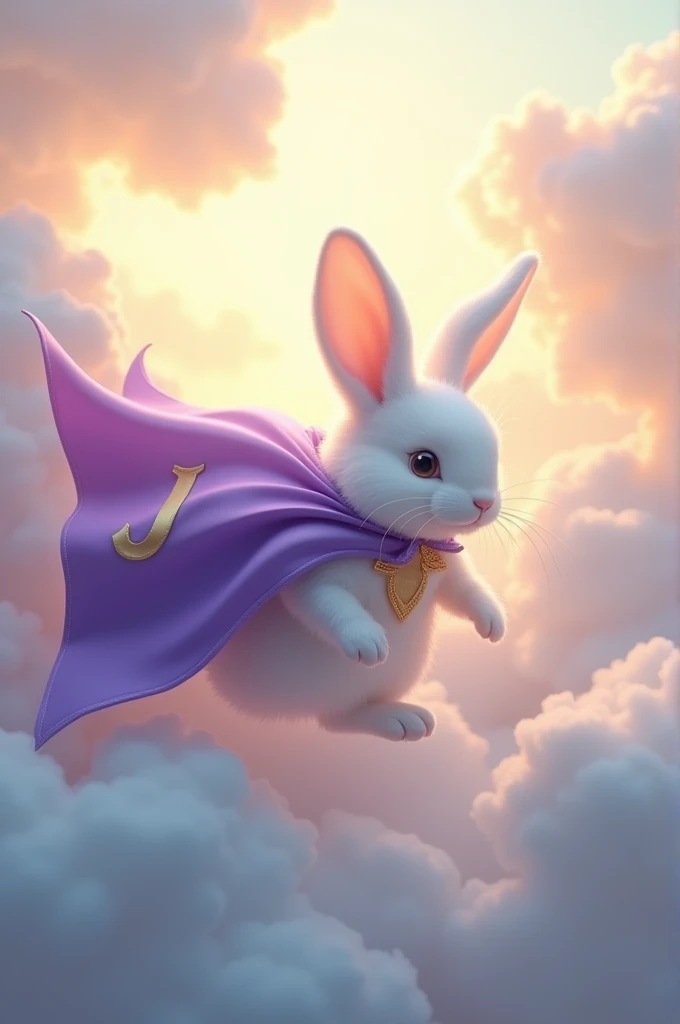 White rabbit in the clouds with a cape that says J