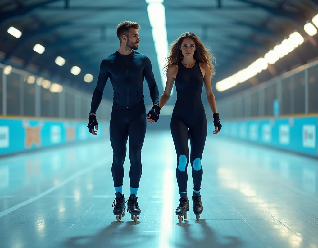 There are two people skateboarding together on a speed oval., with a tight black and blue uniform,skaters, roller skates, skaters, roller skates, roller skating, skate, An attractive woman, sexy woman skating on a speed oval, and an attractive strong man skating next to the woman on the speed oval.