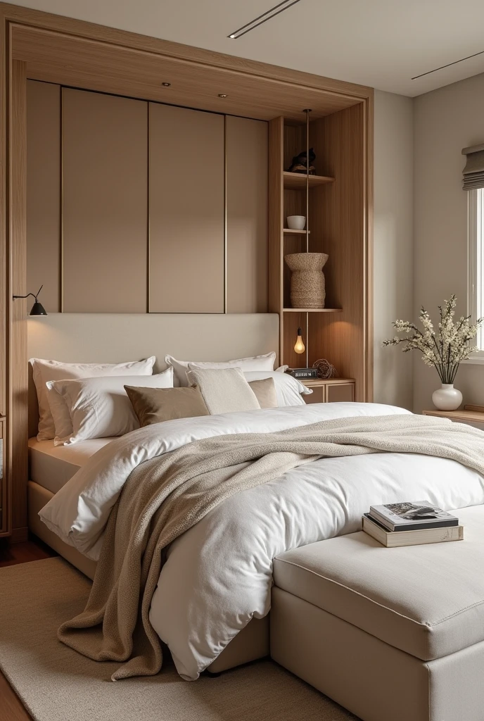 The bedroom is a personal refuge. create a cozy atmosphere with an upholstered headboard for a touch of comfort, custom wardrobe with calming colors