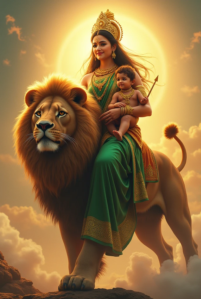**Prompt:** "Create an ultra-realistic image of Goddess Skandamata, depicted in her nurturing and powerful form, riding an enormous, majestic lion. She should be dressed in a vibrant green saree, symbolizing growth, fertility, and divine energy. The saree should be richly embroidered with gold patterns, reflecting her regal status. Her skin should have a radiant, golden glow, symbolizing her divine nature, and her face should be serene and motherly, with large, compassionate eyes and a gentle smile that exudes both grace and strength.
In her arms, she should be holding her son, Lord Kartikeya (also known as Skanda), with tender care. Baby Kartikeya should be depicted as a beautiful child with a divine aura, seated comfortably in his mother's arms, perhaps holding a small weapon like a spear, symbolizing his future role as a warrior god.
The lion she rides should be depicted as extremely large and powerful, with a thick mane and a fierce yet loyal expression, symbolizing courage and protection. The lion’s size and majesty should enhance the divine presence of the goddess.
The background should feature a celestial landscape, with soft, golden light and subtle elements like swirling clouds or a glowing sky, creating an atmosphere that reflects both the nurturing and powerful aspects of Goddess Skandamata. The overall image should capture the essence of her maternal grace, divine authority, and protective strength, presented in a highly realistic and detailed manner."