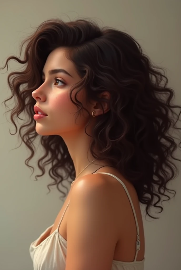 Chubby curly brunette woman in profile