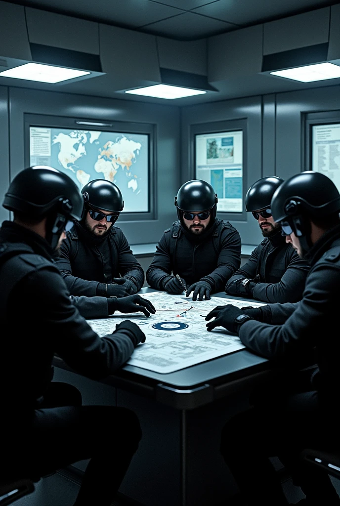 Men dressed in black military uniform, with black helmet. And weapons, Planning an ambush on a crime board