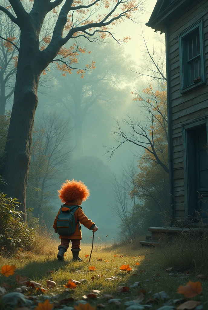 a child with red hair , playing in the backyard of a shady house on a cold, cloudy afternoon