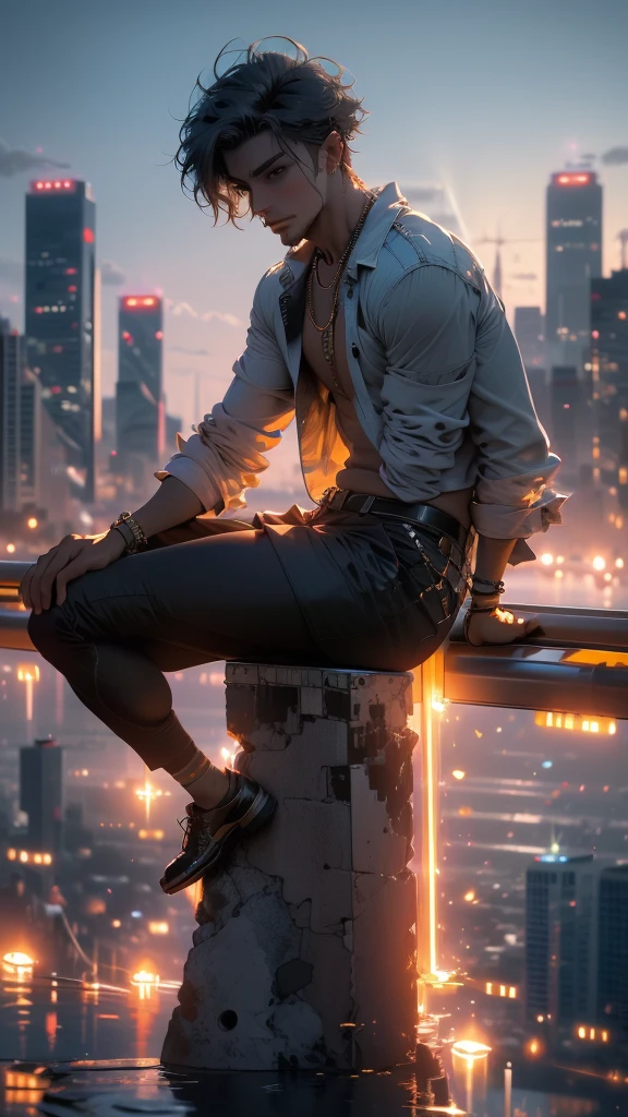 a man sitting on the edge of skyscraper, watching sunset, gentle breeze, warm colors, stunning cityscape, (best quality,8k,highres,masterpiece:1.2),ultra-detailed,cinematic lighting,dramatic atmosphere,reflections,depth of field,volumetric lighting,cinematic,epic,hyper detailed,dramatic,vivid colors,golden hour