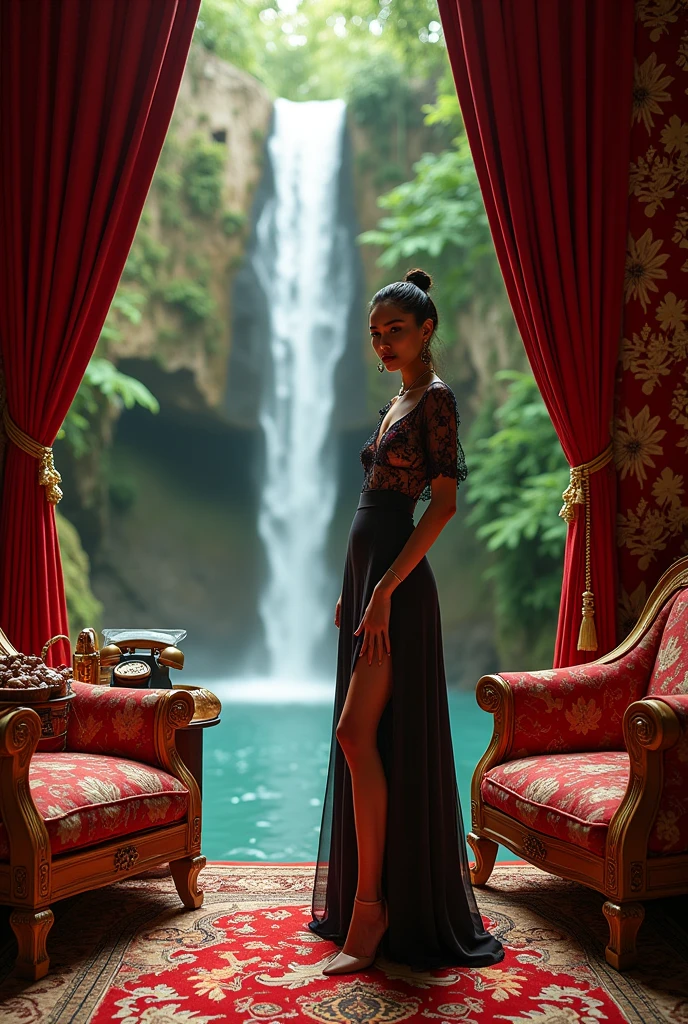 high fashion photography,red wallpaper,ornate chair,vintage phone,patterned carpet,eye-level shot,centered subject,vivid colors,in a hidden paradise hidden behind a waterfall,rectangular (tetradic) color palette,shot on Fujifilm X-S10 with Fujinon XF 10-24mm f-4 R OIS WR,photo by Dawoud Bey 