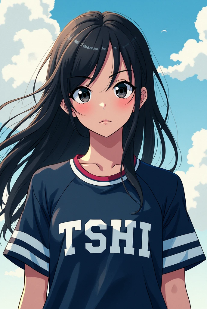 Create an image in the style of the anime boku no hero academia, a young girl with jet black hair, very long, almond-shaped black eyes, and the sports uniform of the academy of the anime boku no hero academia