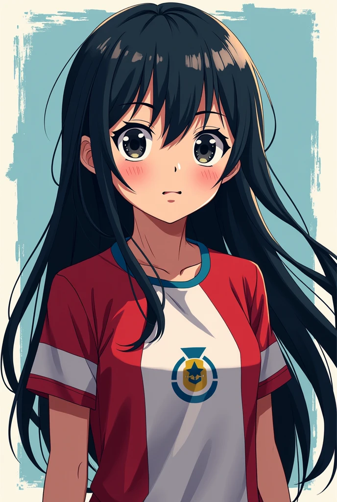 Create an image in the style of the anime boku no hero academia, a young girl with jet black hair, very long, almond-shaped black eyes, and the sports uniform of the academy of the anime boku no hero academia