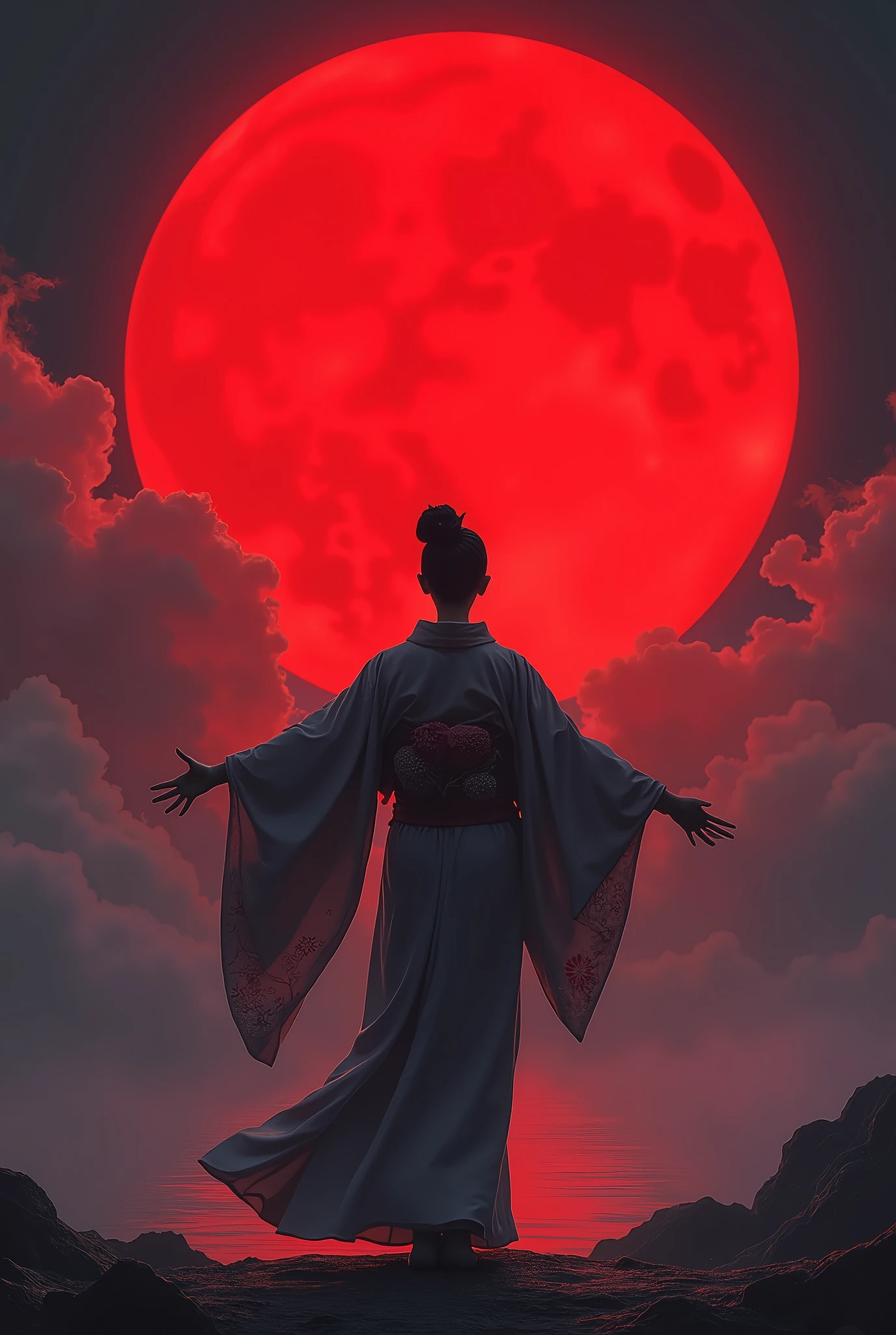 “A silhouetted figure in a traditional kimono stands gracefully facing a massive, glowing red moon. The figure is turned toward the moon, arms outstretched, gazing up with their back toward the viewer. Flowing clouds surround the scene, while the edges of the kimono are softly illuminated. The atmosphere is mystical, blending Japanese aesthetics with a serene yet powerful visual, creating an ethereal and captivating scene.”