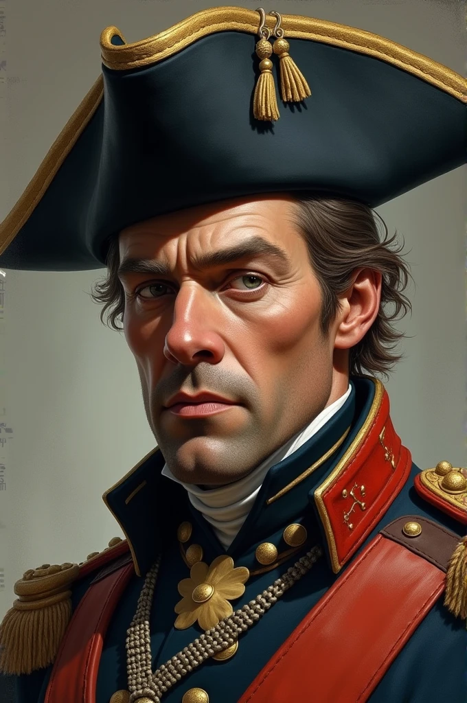 A headshot of a British soldier from the 1700s wearing his tricorn hat, make him look serious