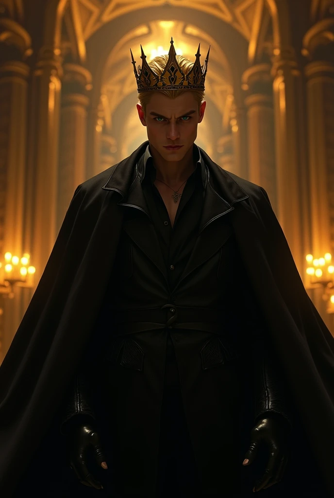 A distant image, at night, un hombre extremadamente hermoso y very engreído, golden hair, very masculino, very guapo, big and fit, green eyes, dressed in black, all covered with the cape, He is a king,  with black gloves on his hands, with a black cape, a golden crown on its side, at night, in the background a golden room with black, very poco iluminada, very, pero very hermoso 