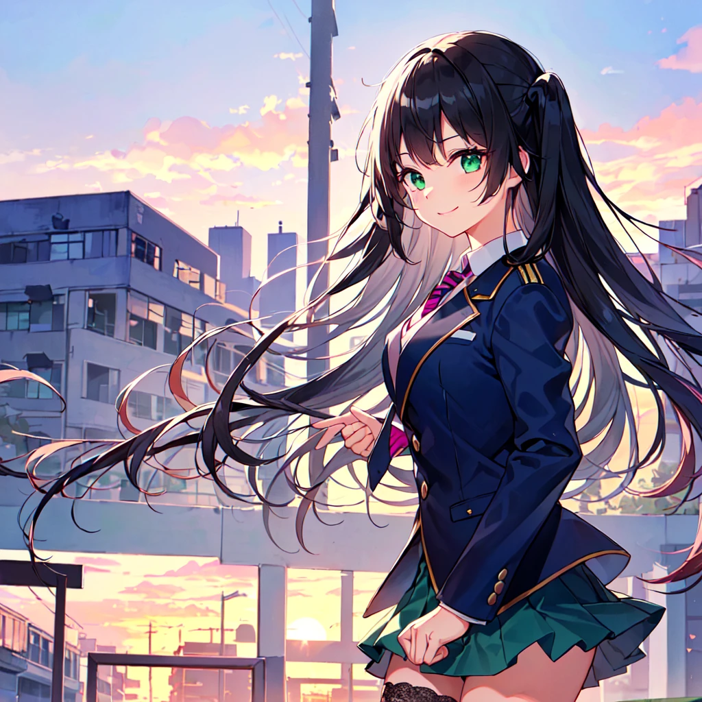 masterpiece, best quality, high quality, extremely detailed, very delicate and beautiful, (1female 1 adult solo:1.5), (long black hair with two side up:1.5), bangs to eyebrows, eyes sharp and bright (eye color magenta:1.3), 6.5 head height, (clothes navy blue uniform blazer and gray uniform skirt and tie blue-green and black knee socks:1.3), lace, (standing), ( walking :1.3),(dynamic pose), (smiling), (upper body:1.3), (background School building:1.3), ( sunset:1.3)